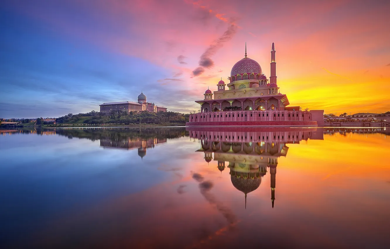Photo wallpaper the sky, clouds, sunset, reflection, mirror, Malaysia, Putra Mosque, Putrajaya Lake