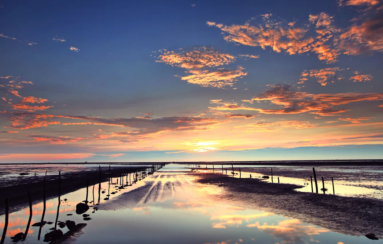 Photo wallpaper sea, the sun, sunset, shore, the evening