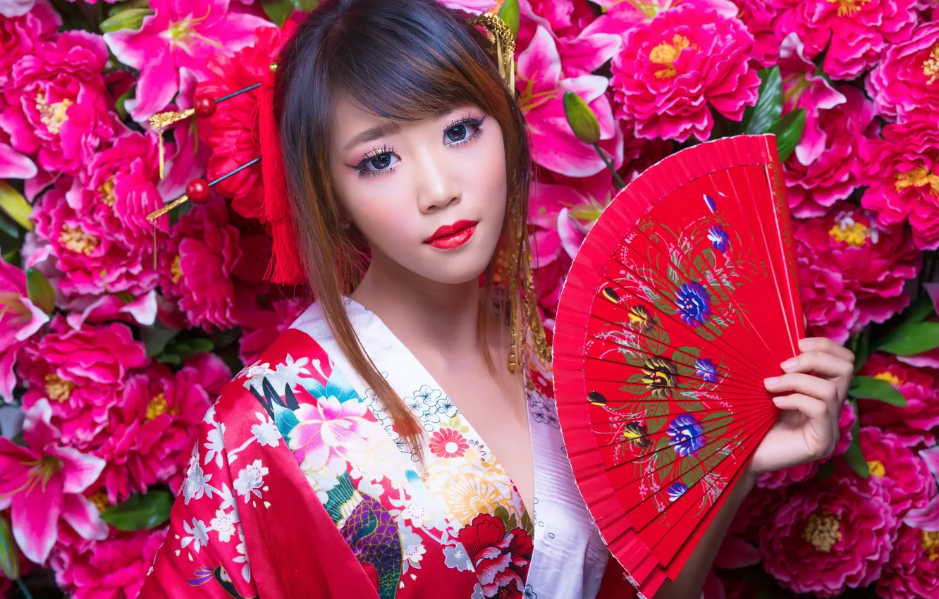Photo wallpaper girl, style, makeup, fan, Asian