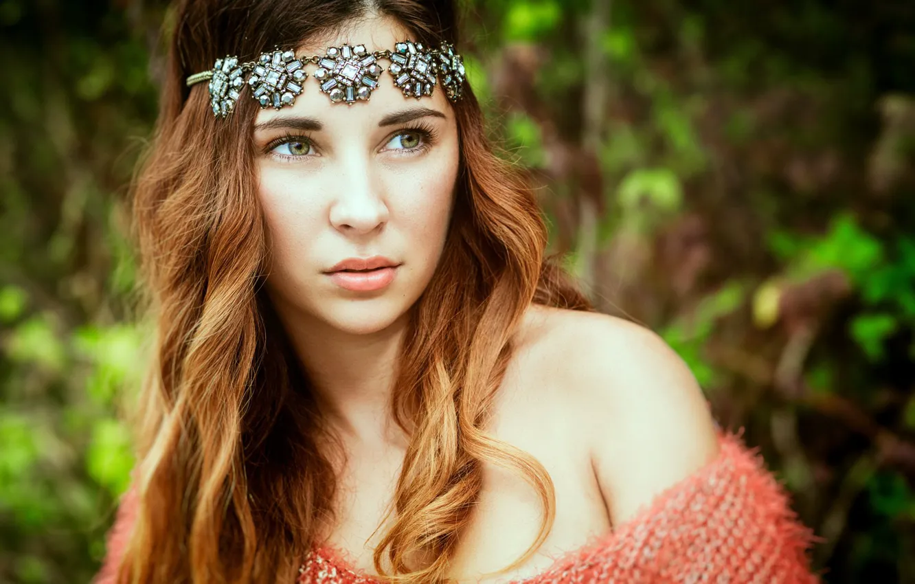 Photo wallpaper look, girl, decoration, brown hair, shoulders, curls