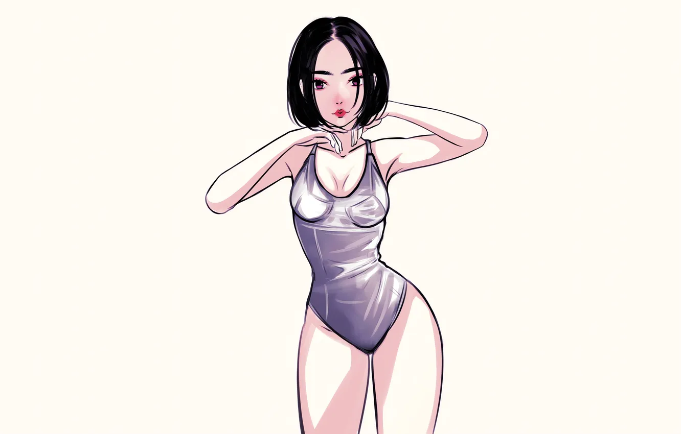 Photo wallpaper girl, sexy, cleavage, boobs, anime, beautiful, short hair, purple eyes