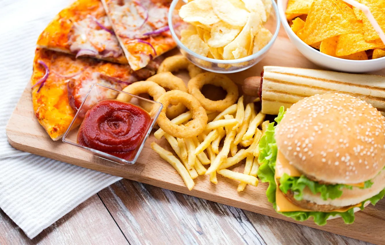 Photo wallpaper bow, pizza, sauce, fast food, chips, Burger, fries