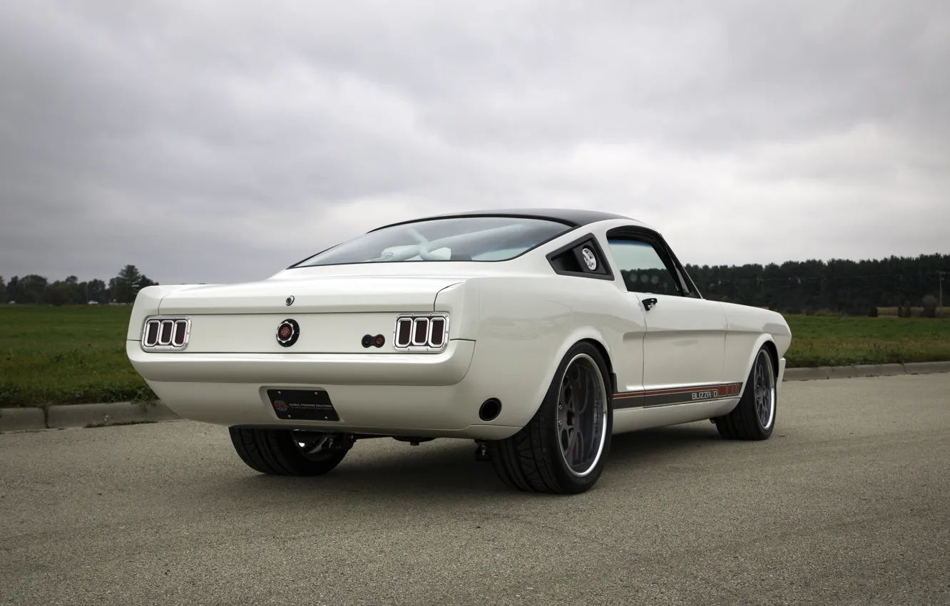 Photo wallpaper Ford, Ford Mustang, Blizzard, 1965, White, Fastback, Side, Rear