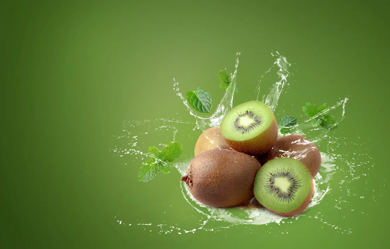 Photo wallpaper water, squirt, green, background, splash, kiwi, fruit, Sirichai Asawalapsakul