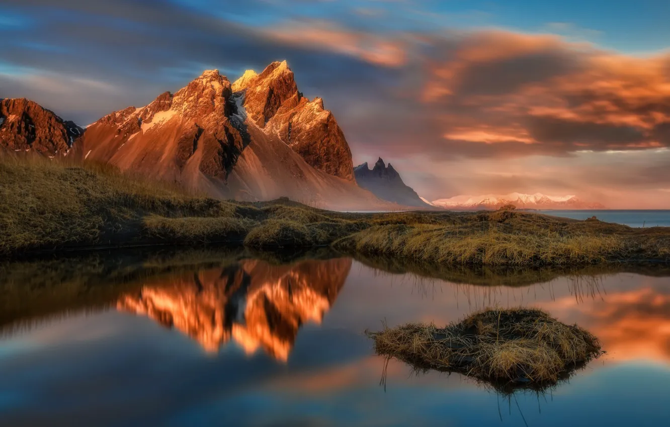 Photo wallpaper water, mountains, surface, reflection, the evening