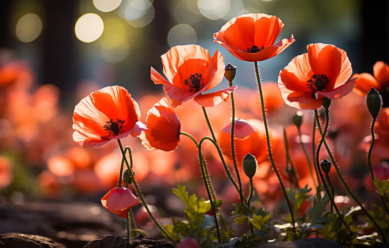 Photo wallpaper summer, flowers, Maki, AI art, neural network, Red