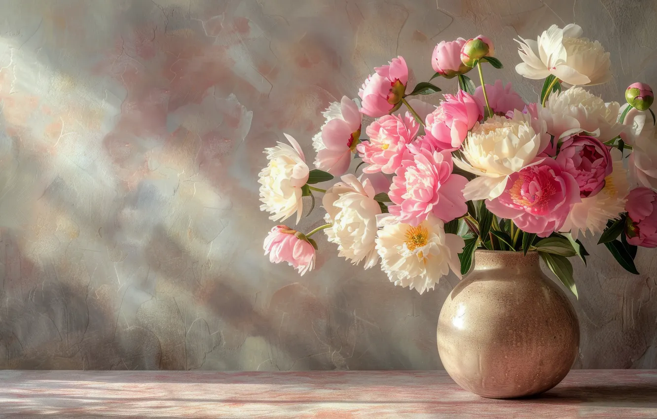 Photo wallpaper light, flowers, table, wall, bouquet, spring, shadows, vase