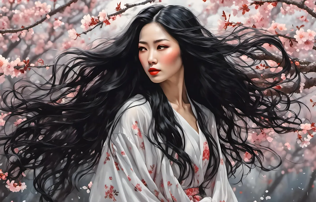 Photo wallpaper look, girl, trees, flowers, branches, Park, the wind, Asia