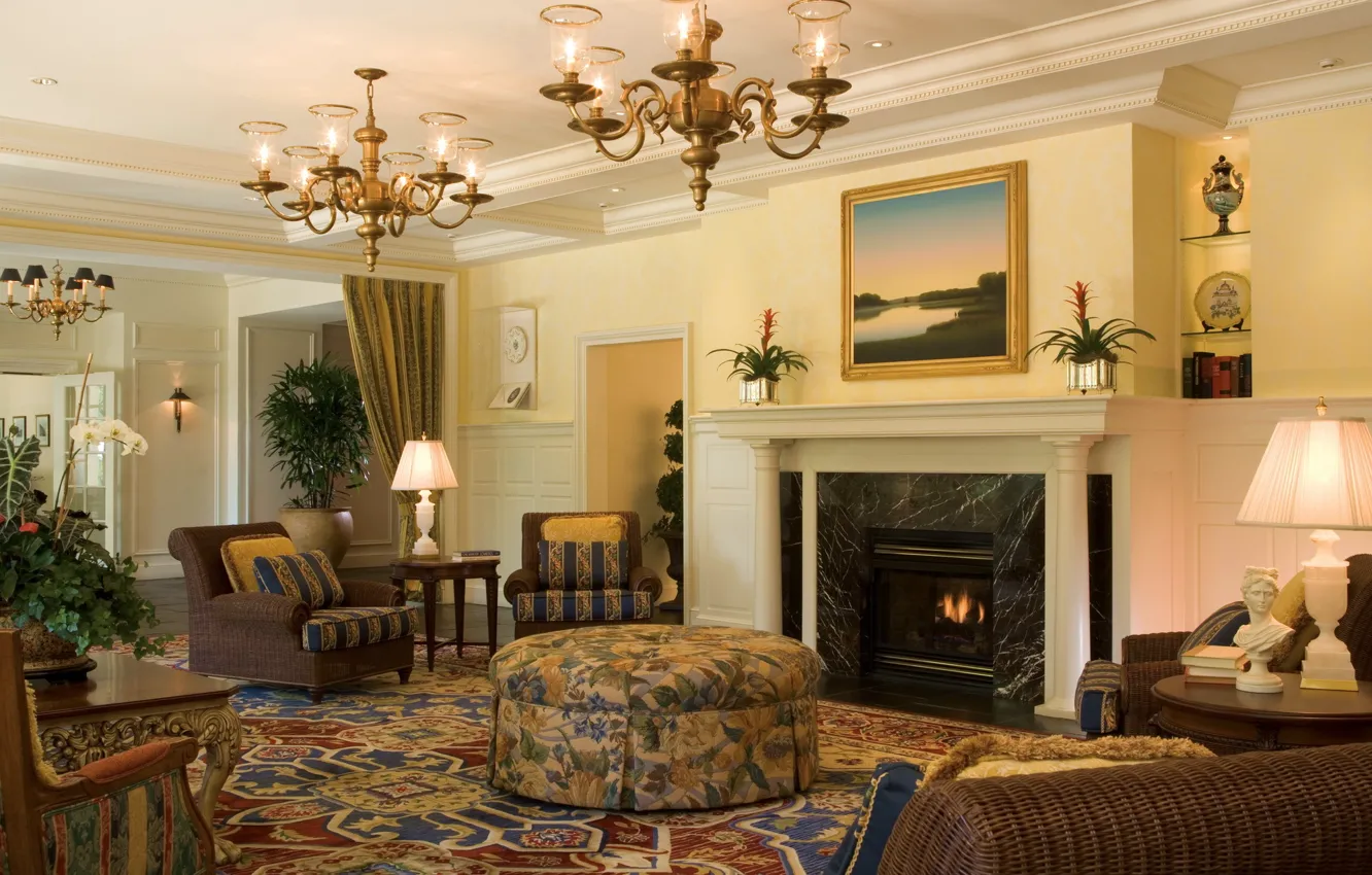 Photo wallpaper design, photo, room, interior, chandelier, fireplace, living room