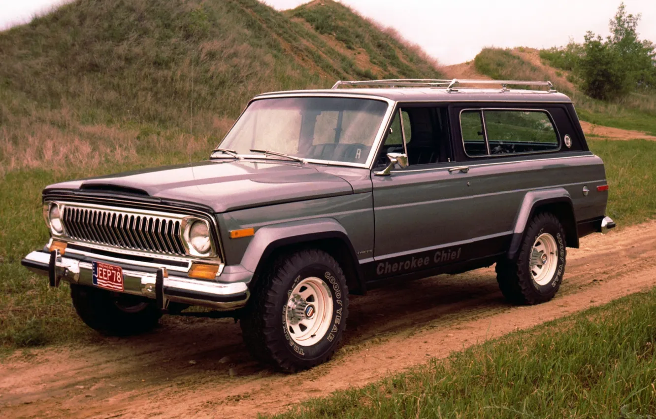 Photo wallpaper road, background, hills, SUV, Jeep, the front, 1976, Jeep