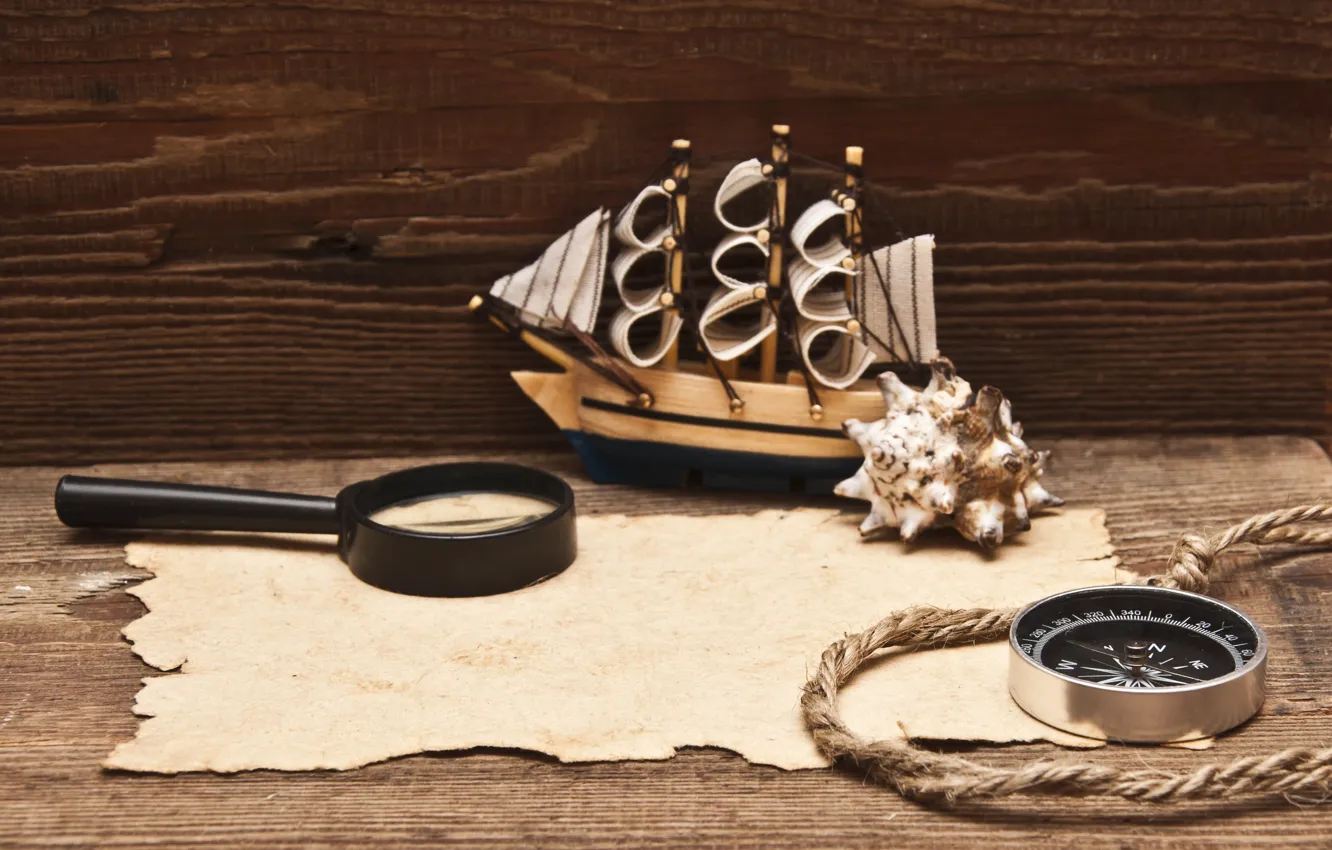Photo wallpaper model, rope, magnifier, compass, the manuscript