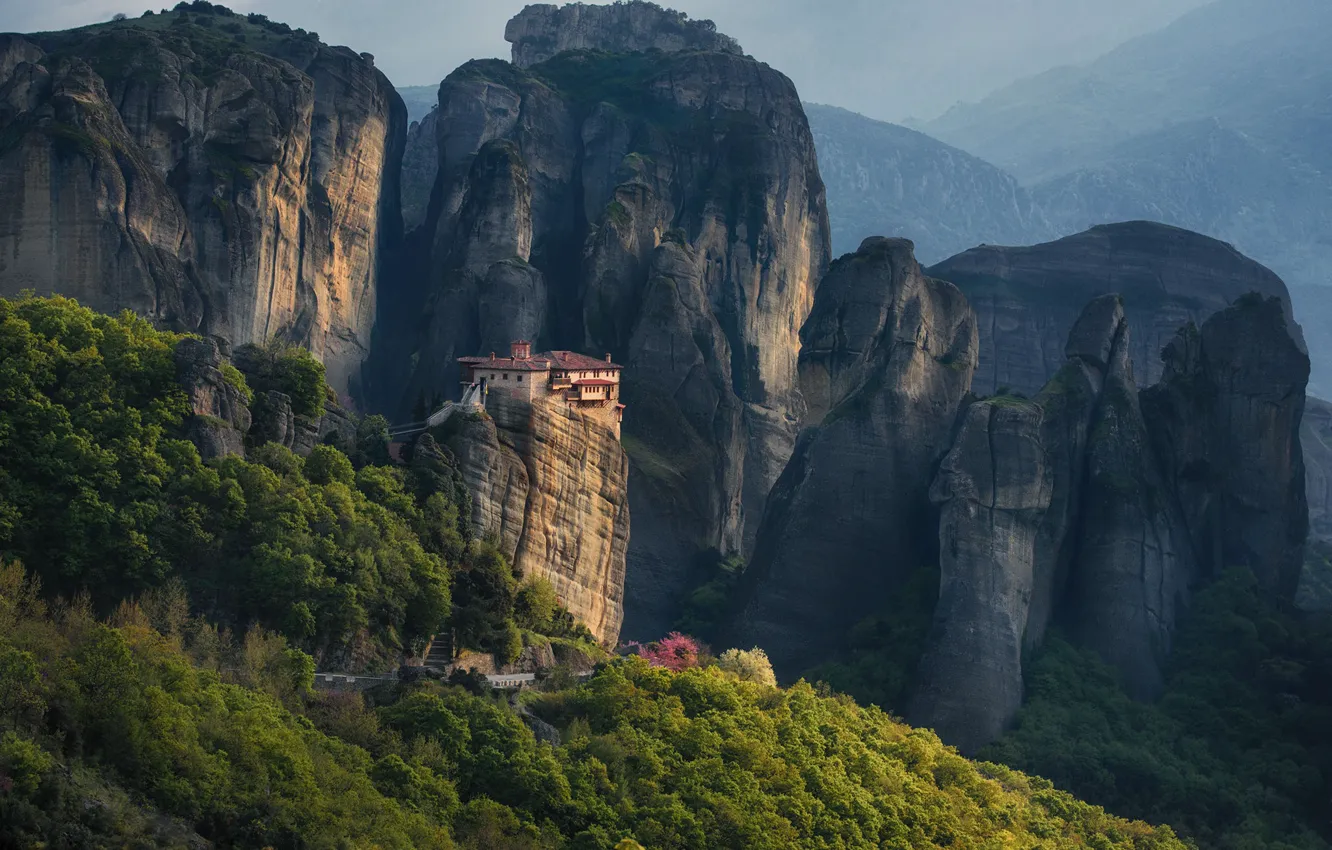 Photo wallpaper landscape, mountains, nature, rocks, vegetation, Greece, forest, the monastery