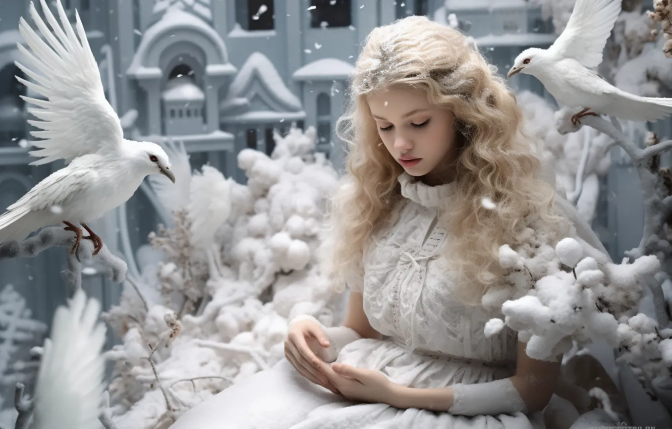 Photo wallpaper winter, girl, snow, branches, pose, castle, bird, winter