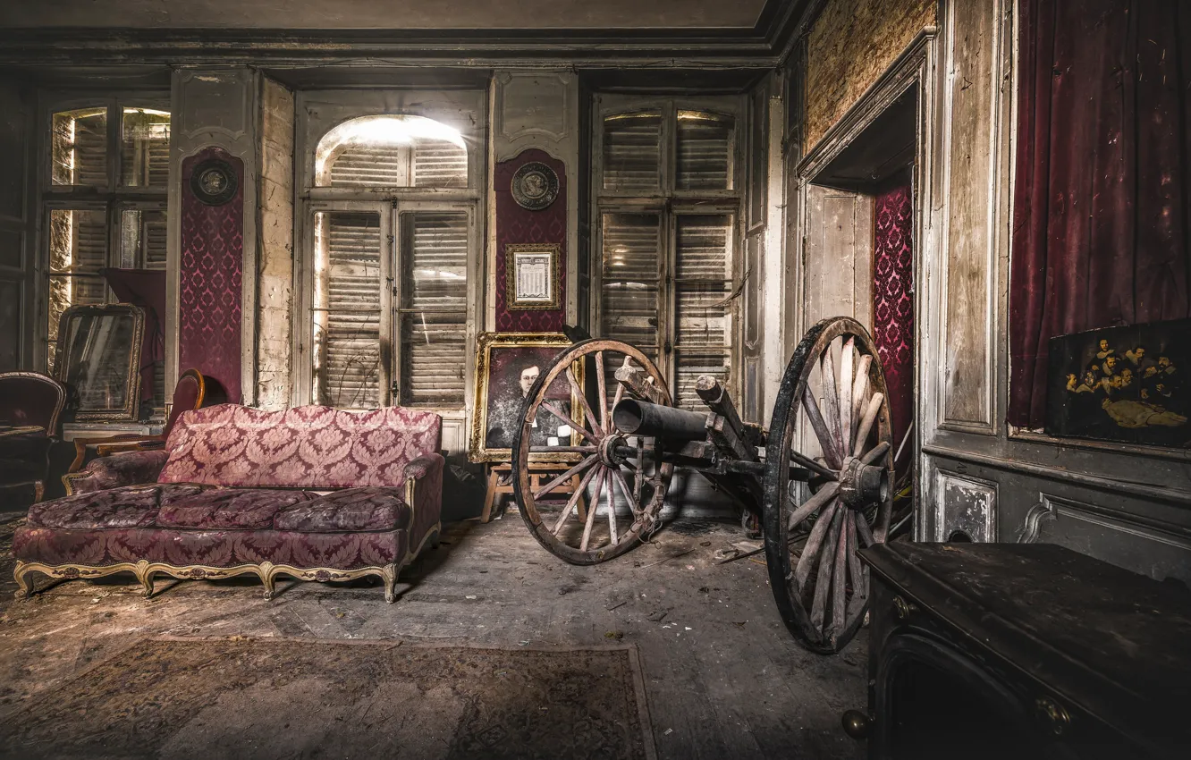 Photo wallpaper room, sofa, gun