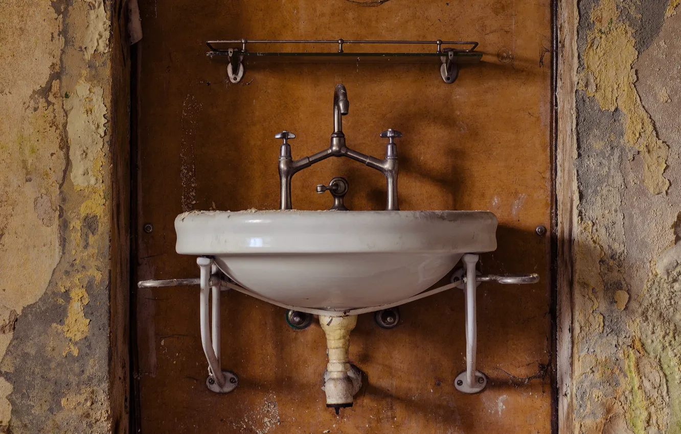 Photo wallpaper bathroom, abandoned, decay, faucet, sink