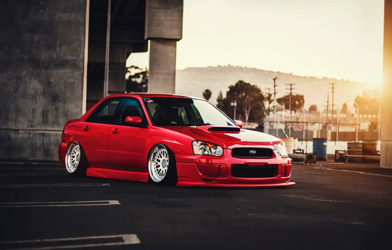 Photo wallpaper Subaru, Impreza, WRX, Red, Car, STI, Front, Sun