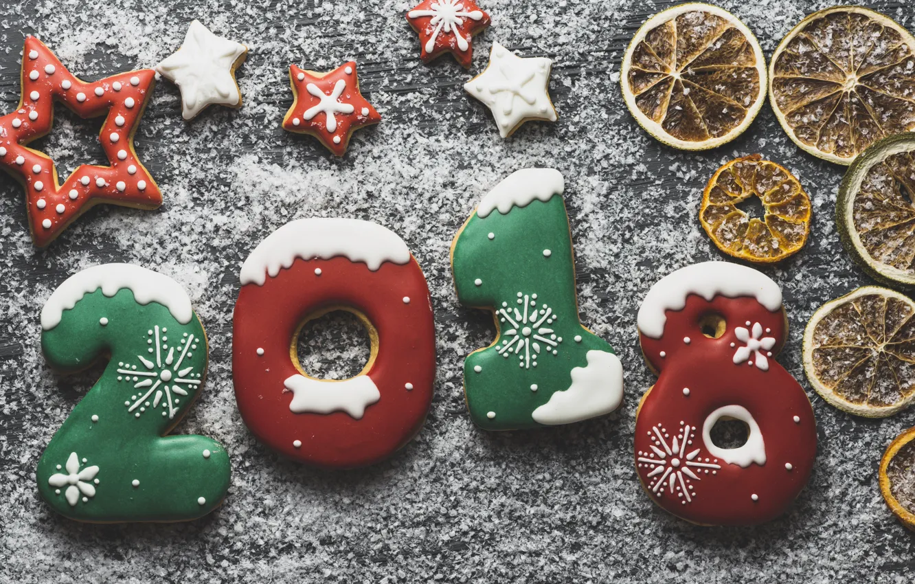 Photo wallpaper new year, spruce, cookies, citrus, flour