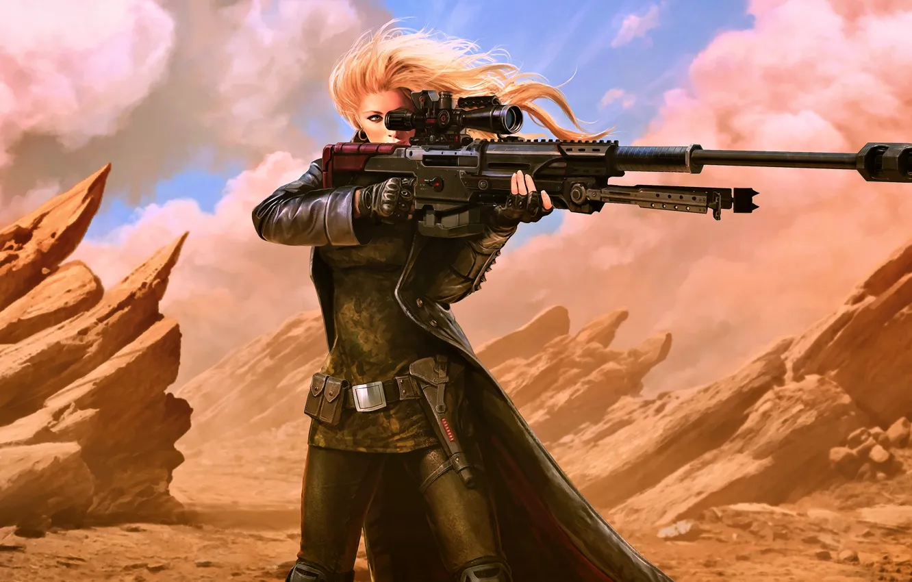 Photo wallpaper girl, fantasy, desert, weapon, blonde, digital art, rifle, artwork