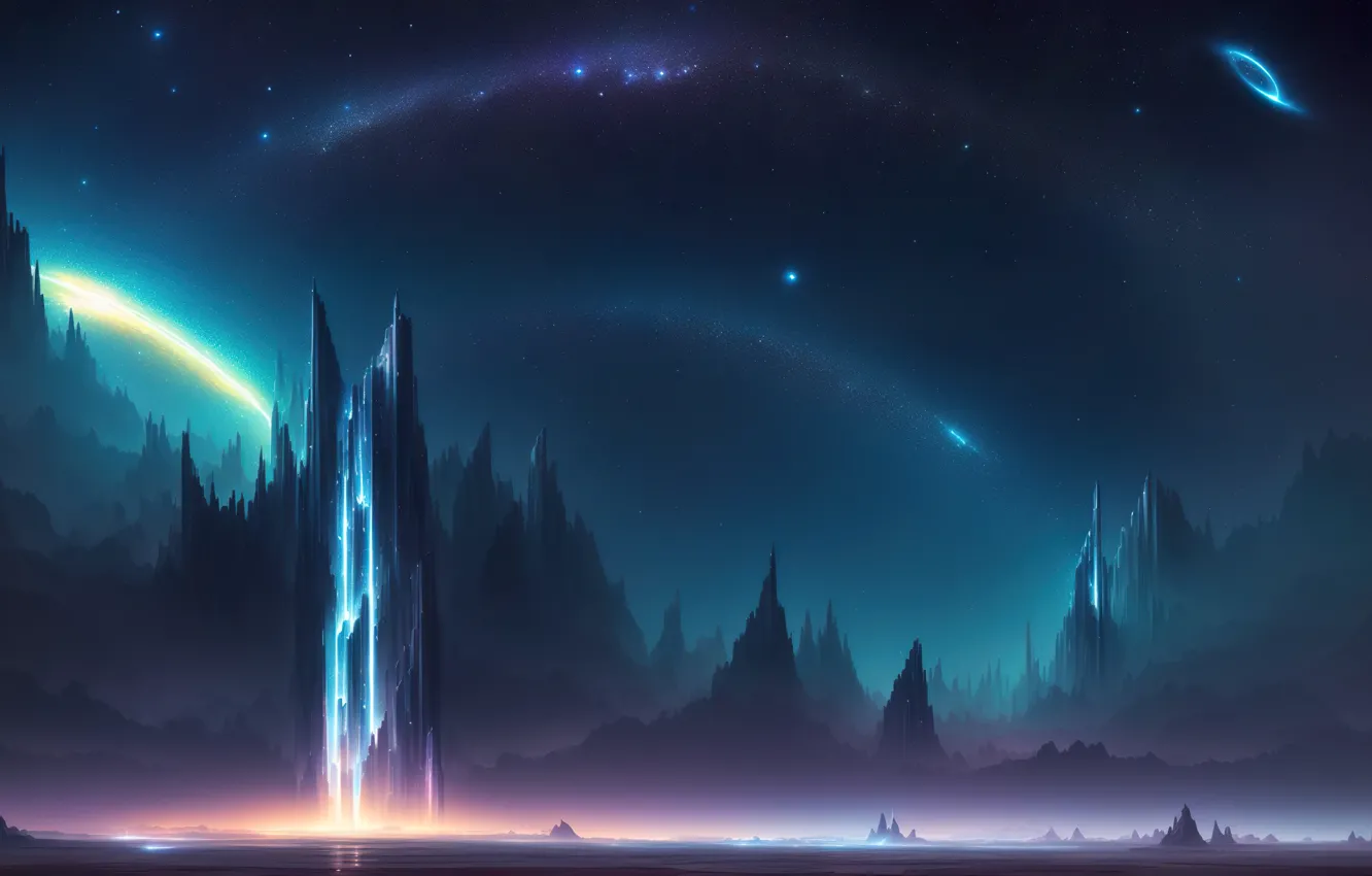 Photo wallpaper space, art, fantastic, digital art, ancient ruin, Mount, Nigth, AND BE