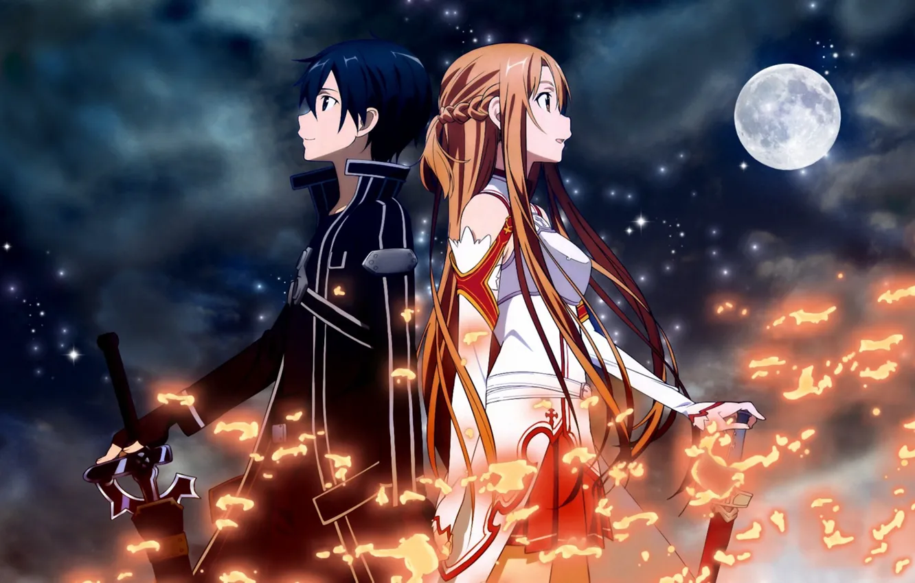 Photo wallpaper girl, night, weapons, fire, the moon, sword, guy, sword art online