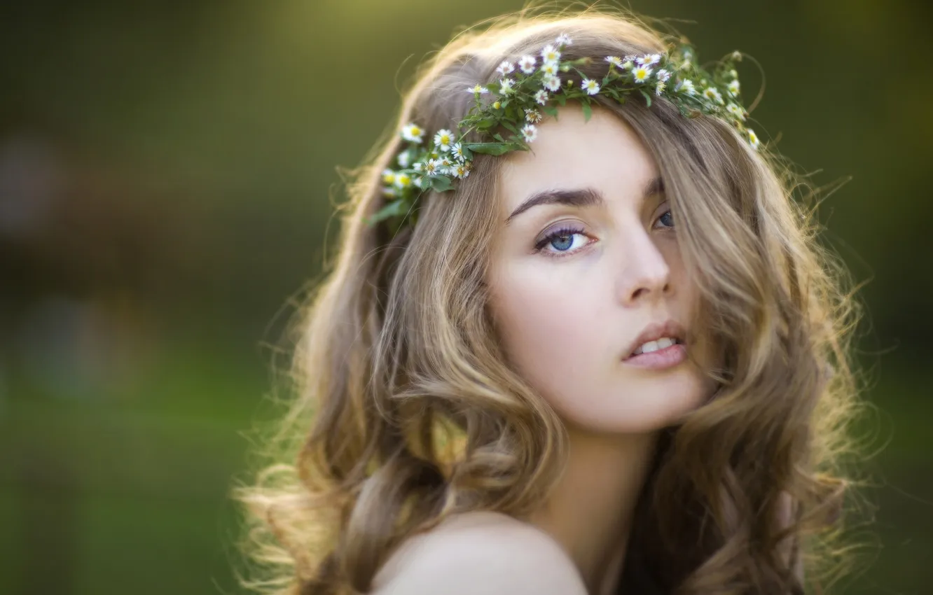 Photo wallpaper look, girl, wreath, curls