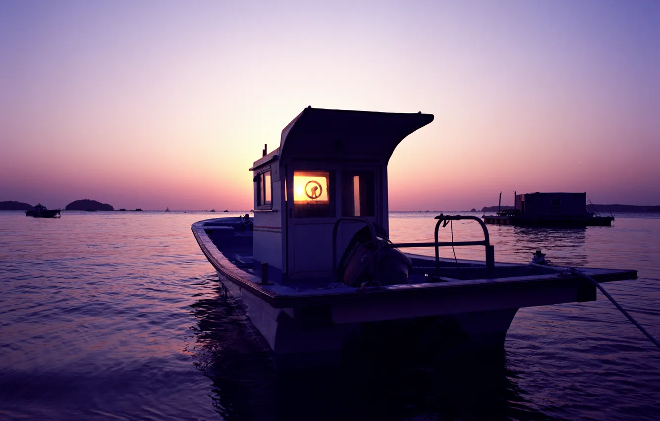 Photo wallpaper sea, purple, sunset, boat, boat