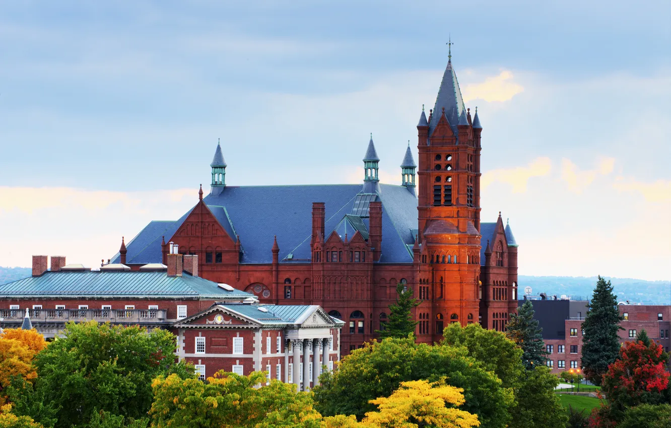 Photo wallpaper the sky, trees, landscape, tower, home, USA, the state of new York, Syracuse