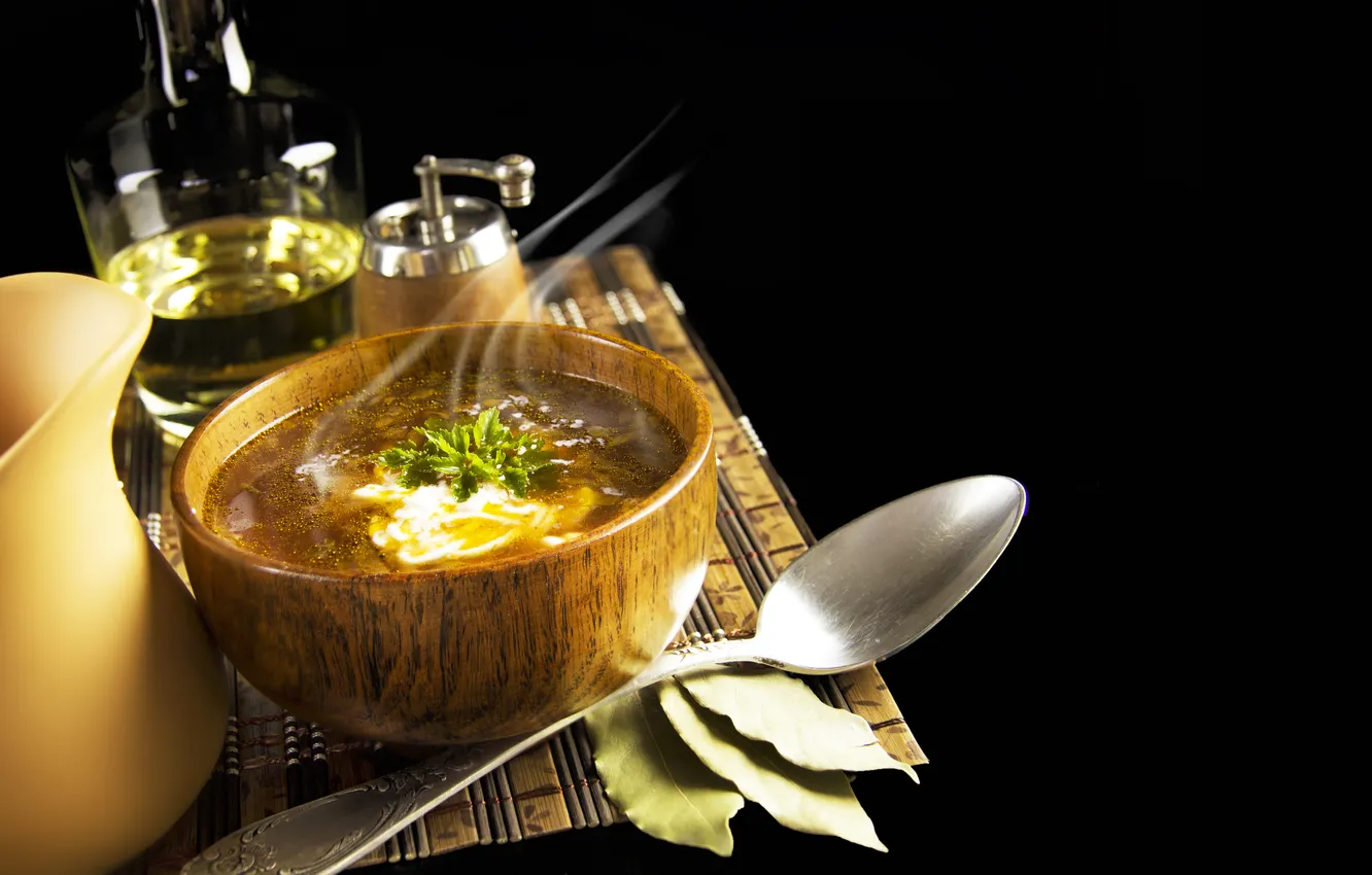 Photo wallpaper greens, table, spoon, soup, pitcher, sour cream, Bay leaf