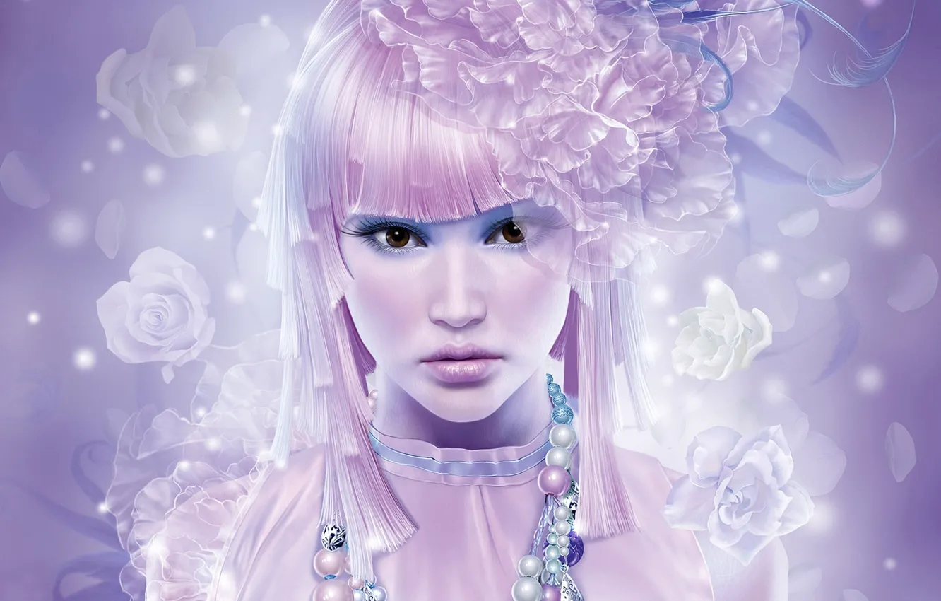 Photo wallpaper girl, flowers, pink hair
