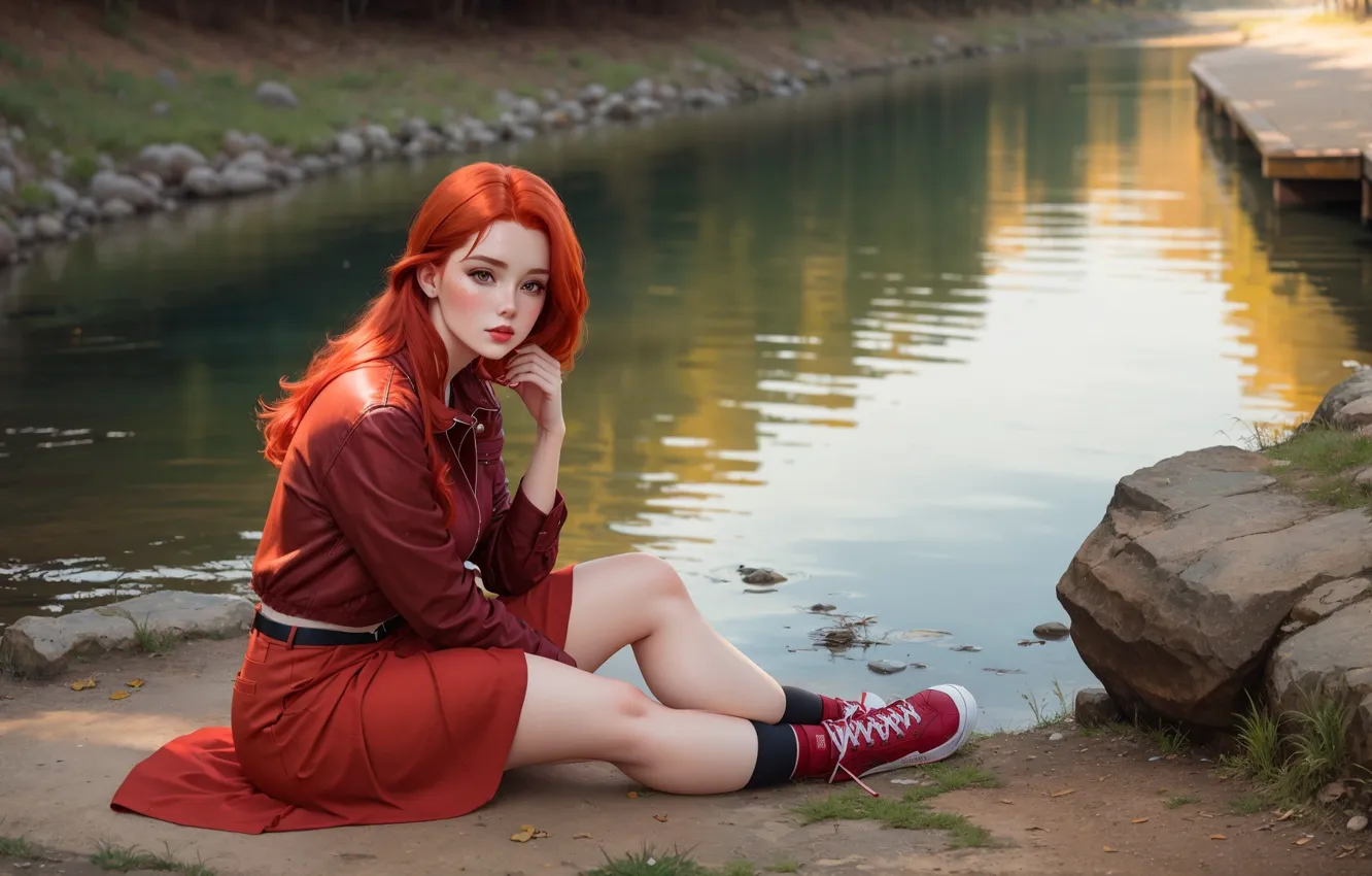 Photo wallpaper red hair, red dress, bridges, Sunny day, girl sitting, rocks on the shore, red sneakers, …