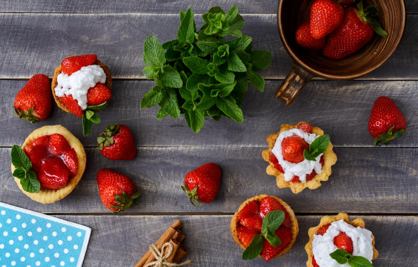 Photo wallpaper berries, Board, strawberry, mug, cinnamon, mint, dessert, napkin