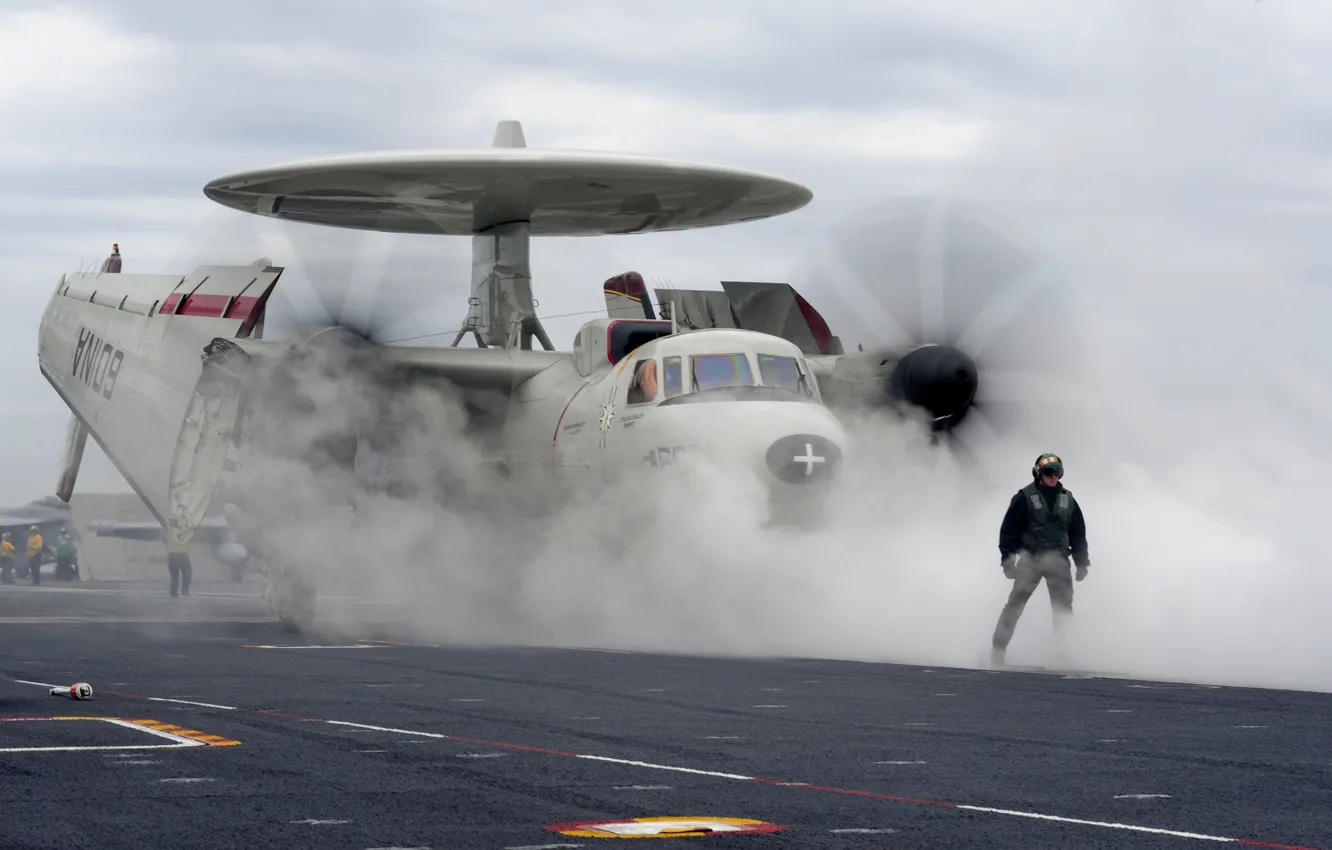 Photo wallpaper smoke, deck, the plane, deck, Hawkeye, far, detection, radar