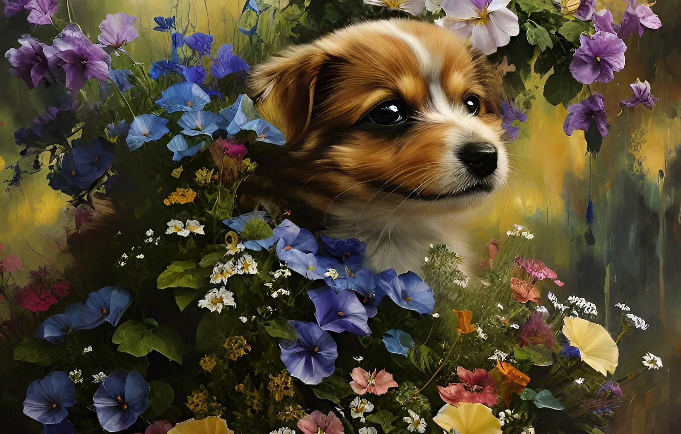 Photo wallpaper summer, look, flowers, nature, portrait, dog, garden, art