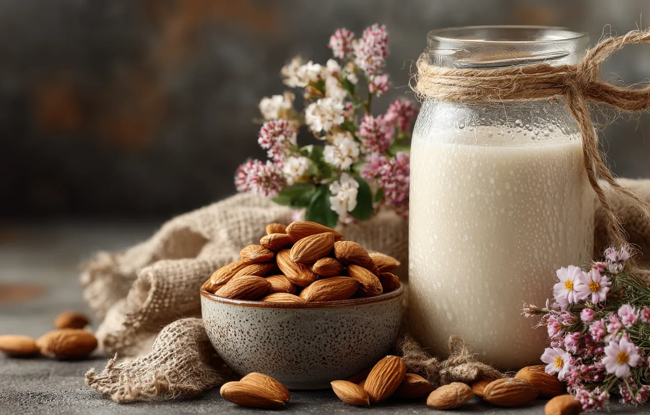 Photo wallpaper flowers, table, bouquet, milk, Bank, bowl, nuts, placer
