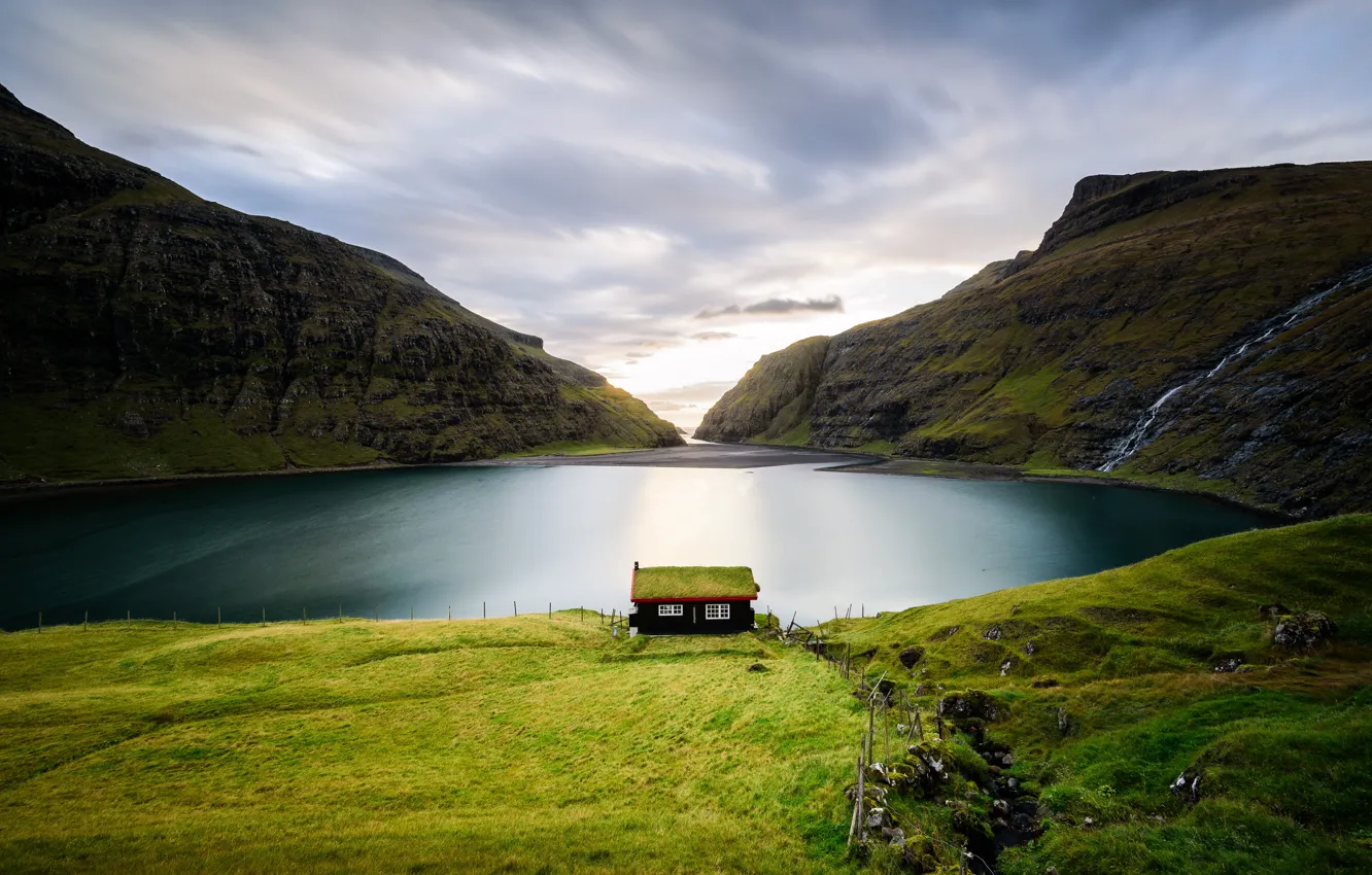 Photo wallpaper mountains, lake, rocks, house, Iceland, the fjord, Faroe Islands, The Faroe Islands