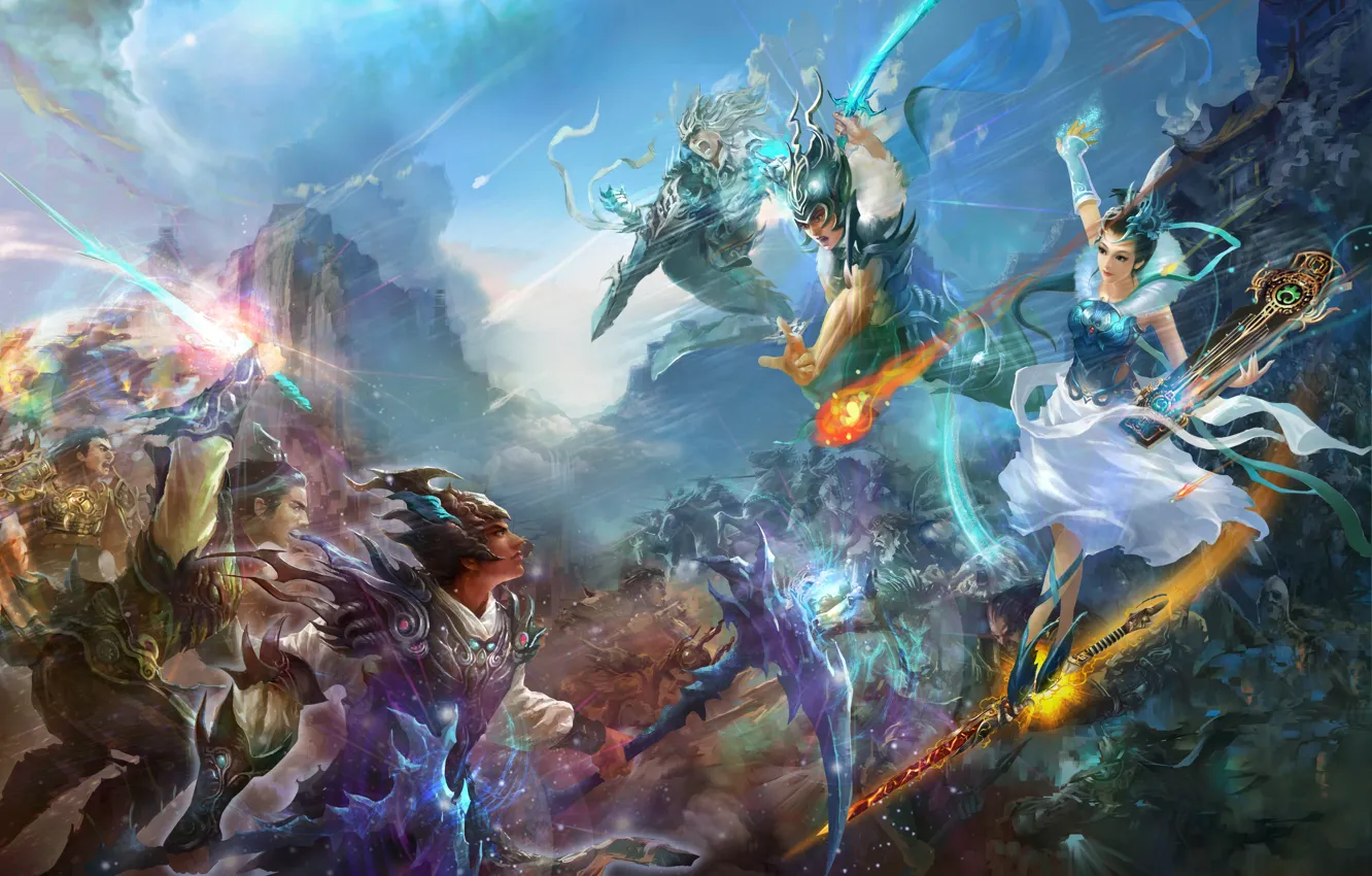 Photo wallpaper the sky, girl, mountains, lights, music, China, sword, armor