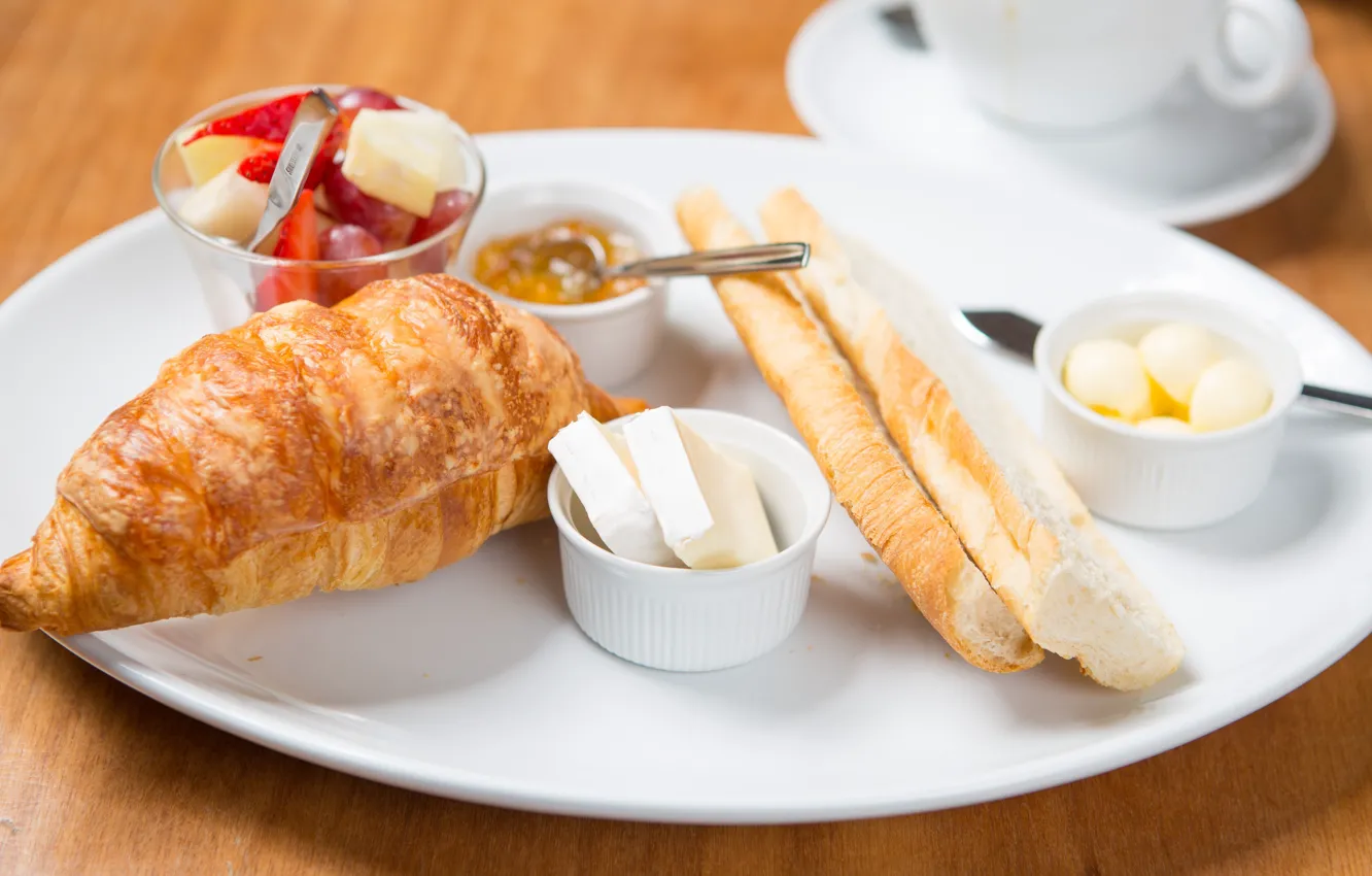 Photo wallpaper oil, Breakfast, cheese, jam, croissant