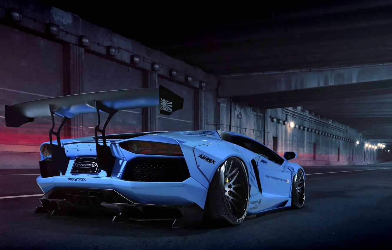 Photo wallpaper Lamborghini, Blue, Spoiler, Rear View
