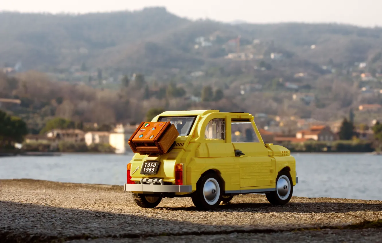 Photo wallpaper landscape, yellow, Lego, Fiat 500, LEGO Fiat 500, Toy car, Toy Car