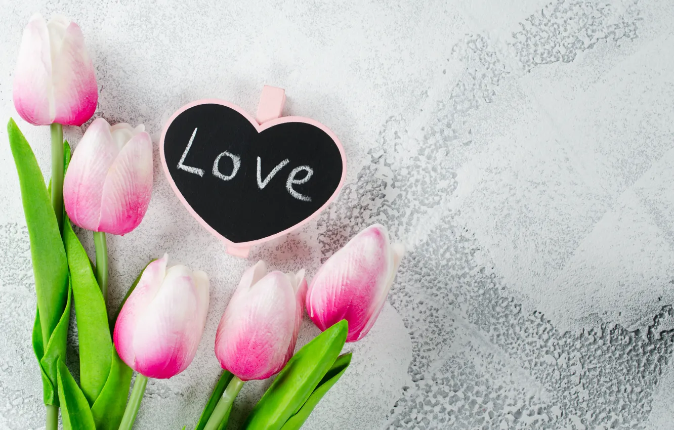 Photo wallpaper love, flowers, heart, bouquet, tulips, love, pink, heart
