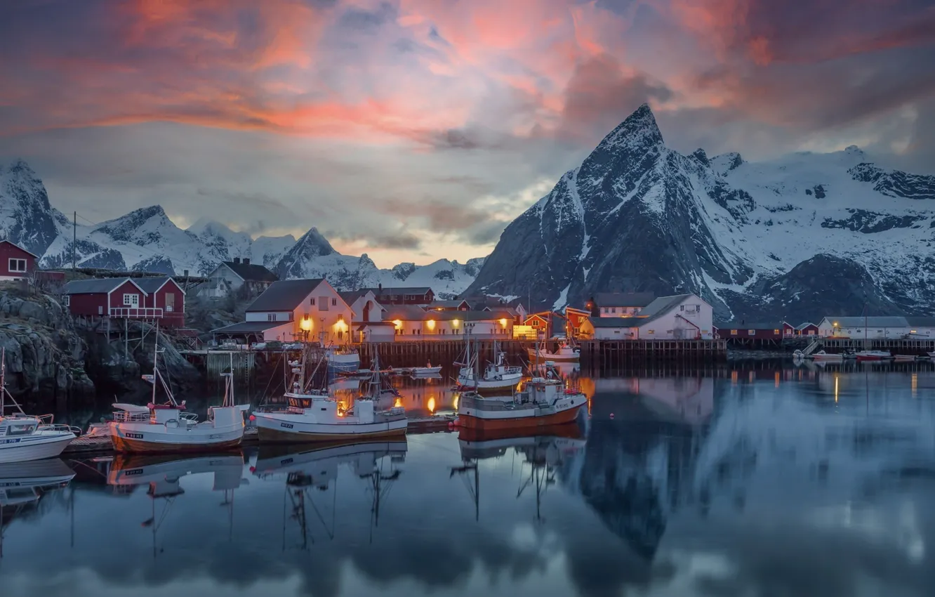 Photo wallpaper sea, sunset, mountains, Bay, pier, village, Norway, houses