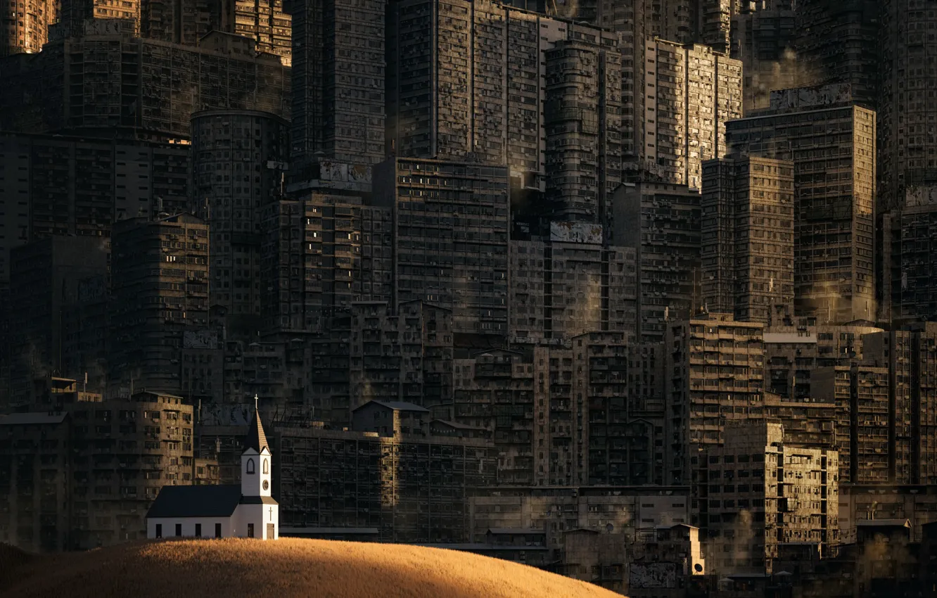 Photo wallpaper city, the city, fiction, hills, building, home, Church, Town