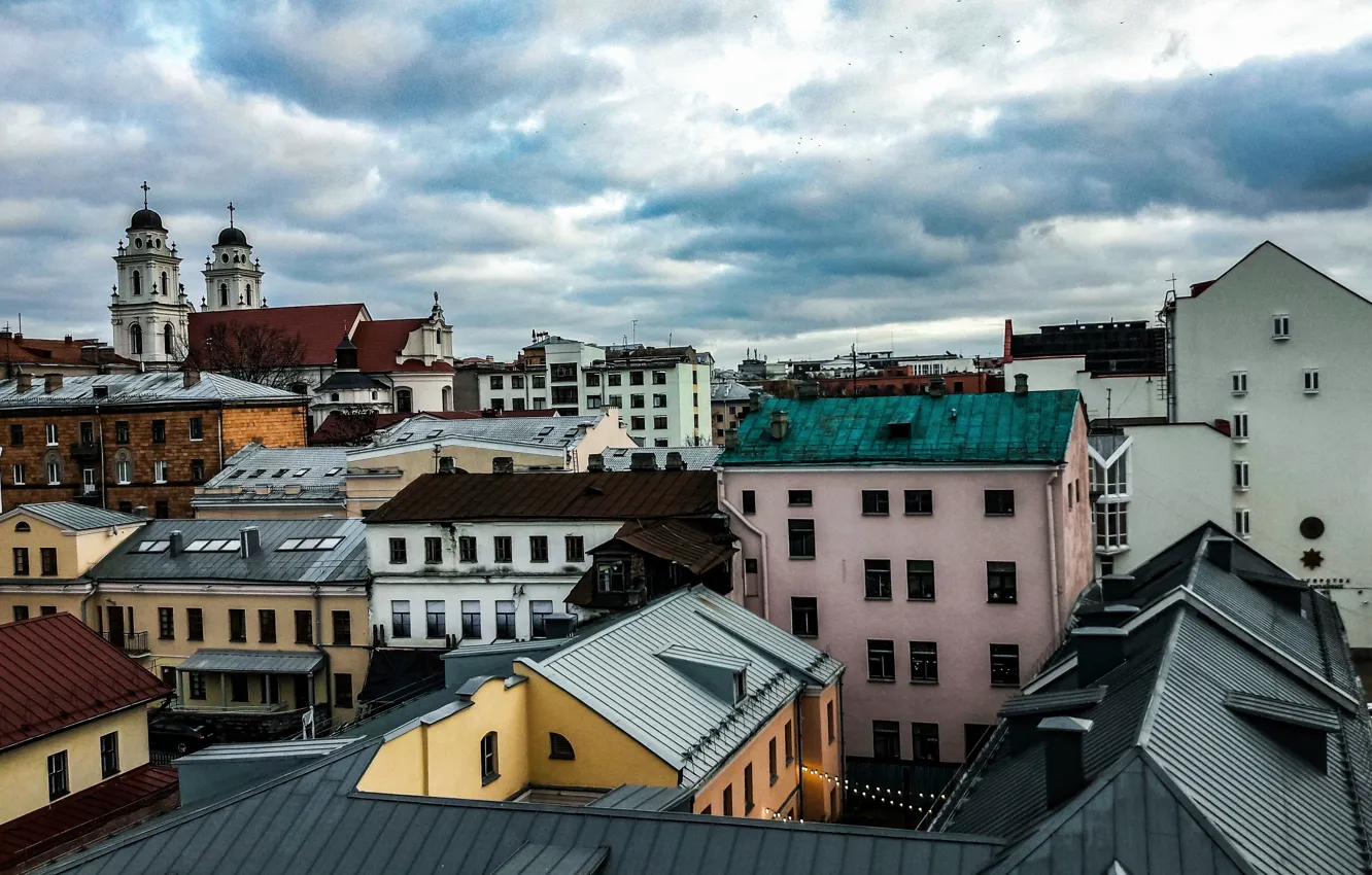 Photo wallpaper sky, panorama, autumn, view, houses, buildings, belarus, church