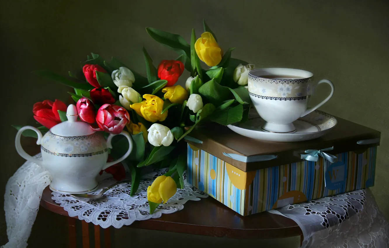 Photo wallpaper box, tea, Cup, tulips, still life, sugar bowl