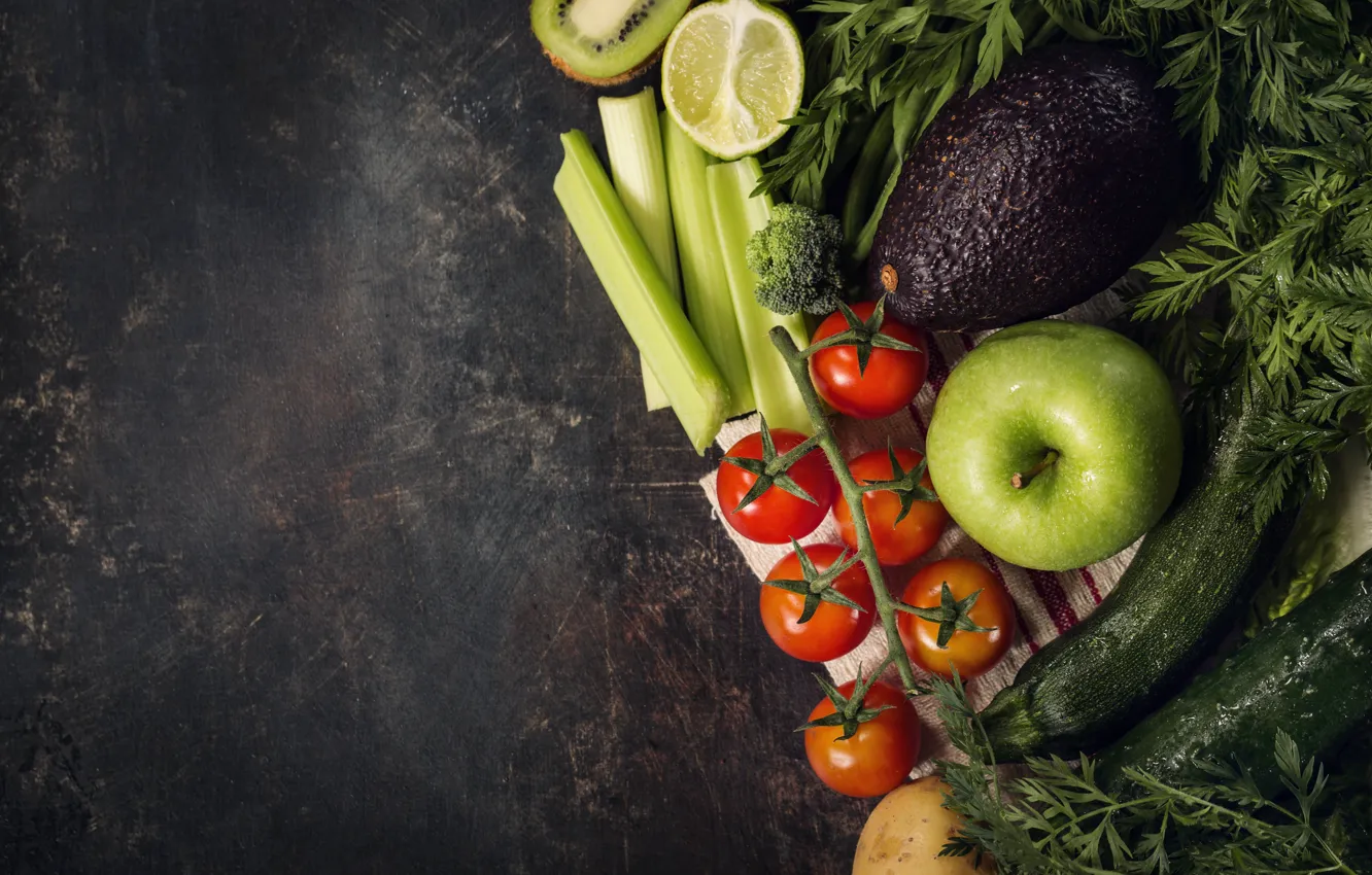 Photo wallpaper greens, Vegetables, fruit, cuts