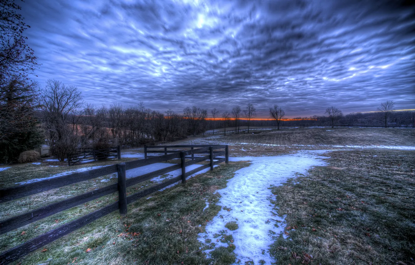 Photo wallpaper the sky, snow, trees, landscape, nature, the fence