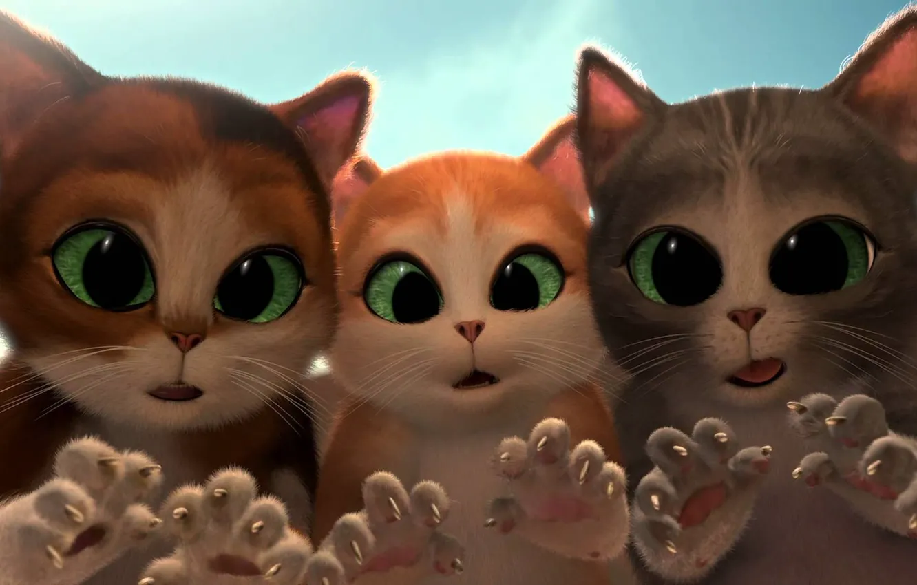 Photo wallpaper cats, cartoon, surprise, tale, kittens, claws, green eyes, cats