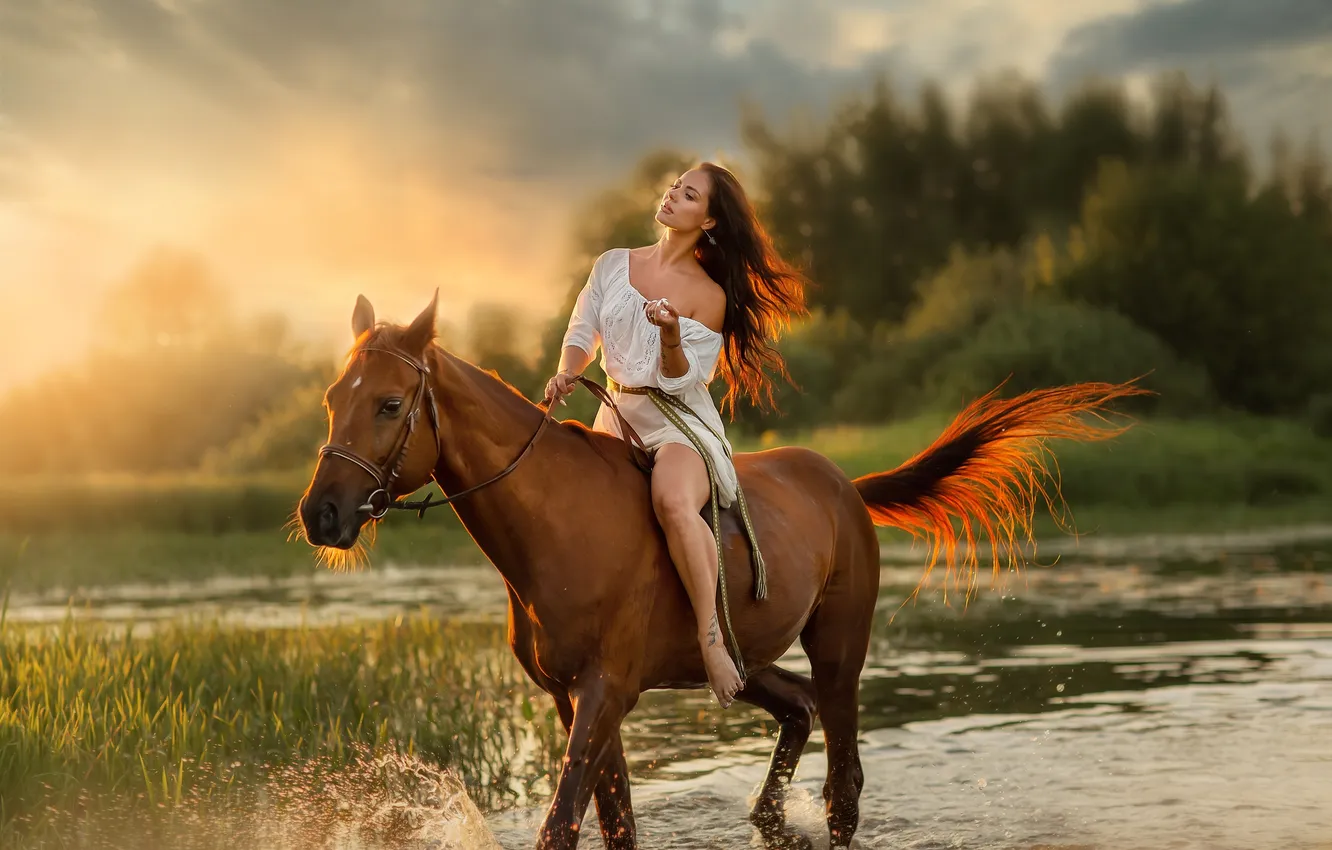 Photo wallpaper greens, nature, dawn, horse, figure, river, sundress