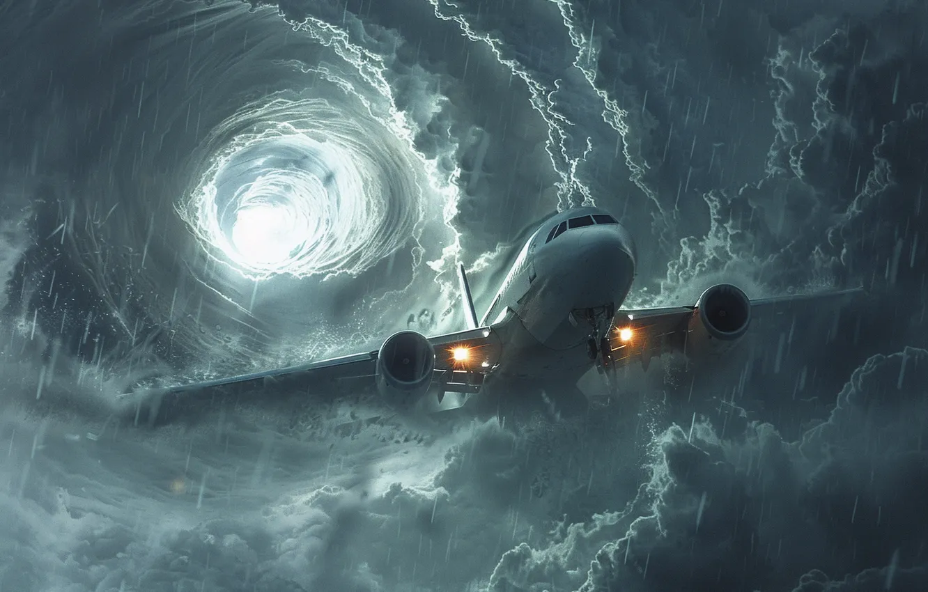 Photo wallpaper The plane, Liner, Flight, Rain, Clouds, The portal, Digital art, AI art