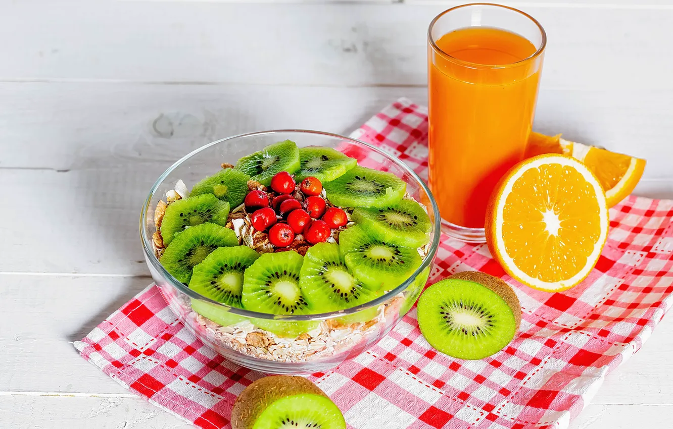 Photo wallpaper orange, kiwi, juice, fruit, muesli